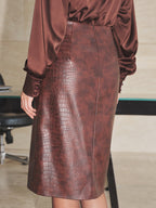 Croc-Embossed Faux-Leather frontal-Slit midi Falda without Belt