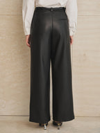 Con Cinturón Plisado Faux-Leather Pierna Ancha Pantalón