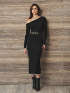 Hombros Descubiertos Scalloped ribete con Cinturón Mezcla de Lana Vestido