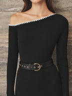 Hombros Descubiertos Scalloped ribete con Cinturón Mezcla de Lana Vestido