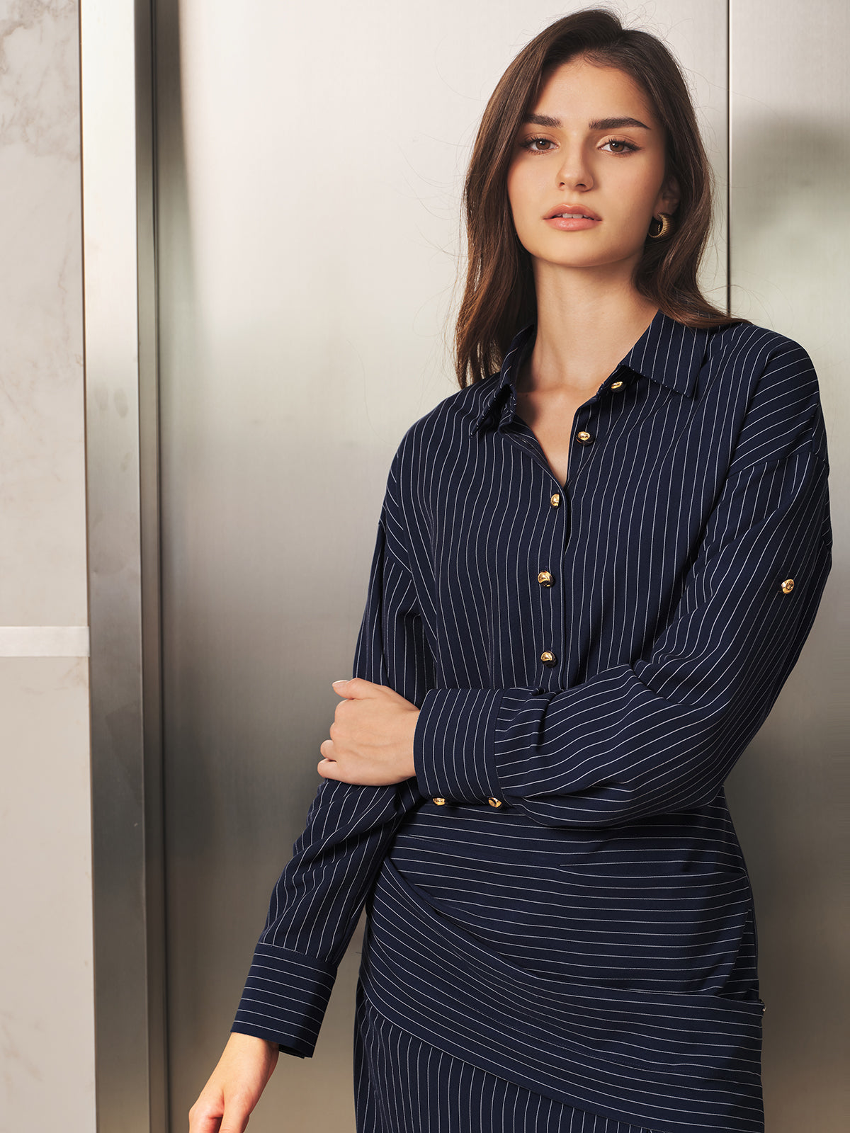 Botones Metálicos Pinstripe midi Camisa Vestido
