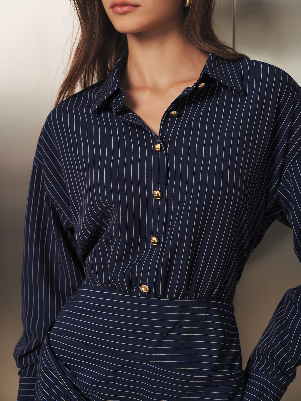 Botones Metálicos Pinstripe midi Camisa Vestido