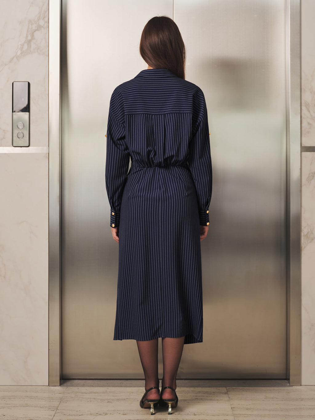 Botones Metálicos Pinstripe midi Camisa Vestido