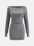 Hombros Descubiertos botón Detalle Ribbed Punto Minivestido