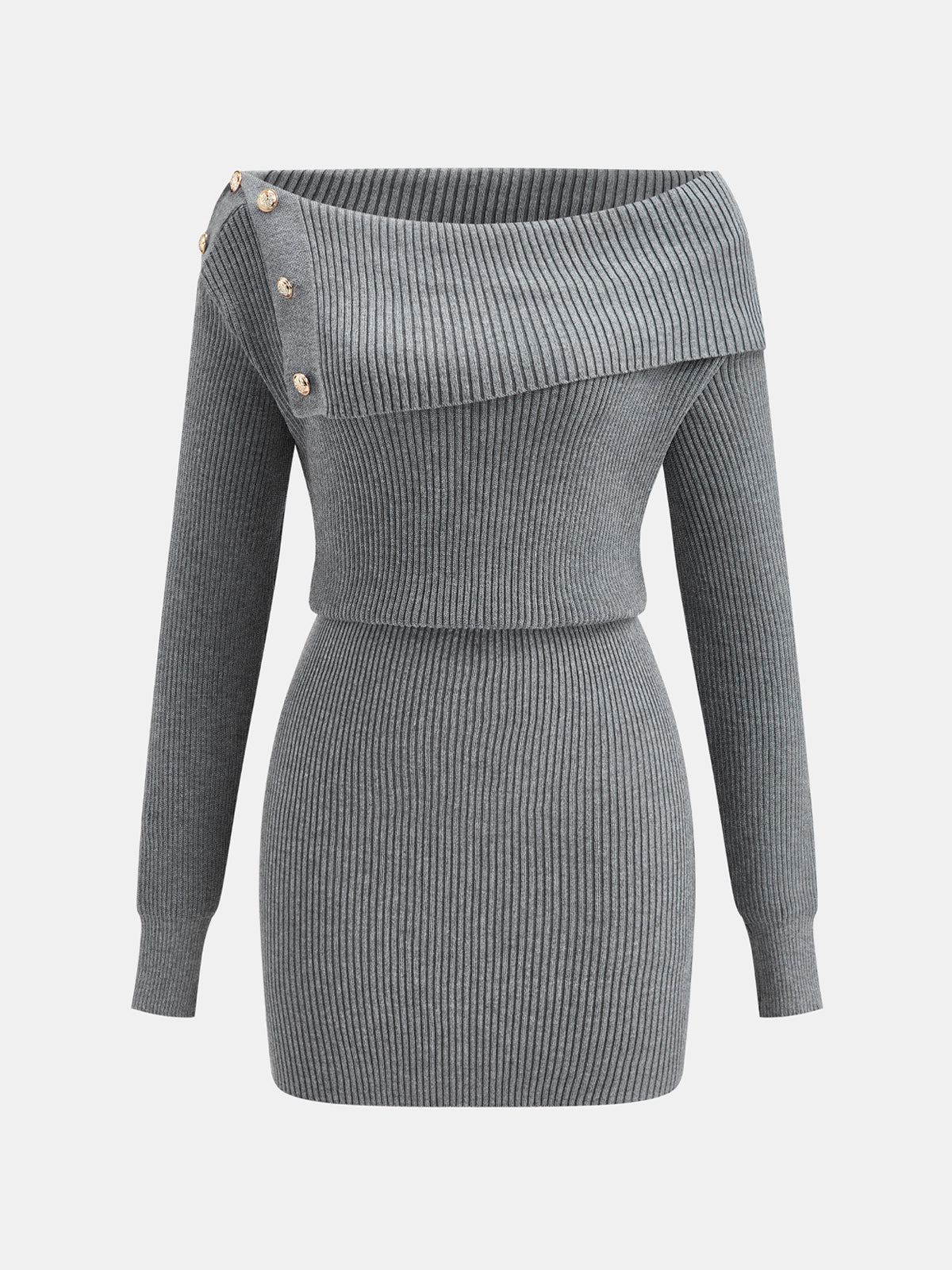 Hombros Descubiertos botón Detalle Ribbed Punto Minivestido