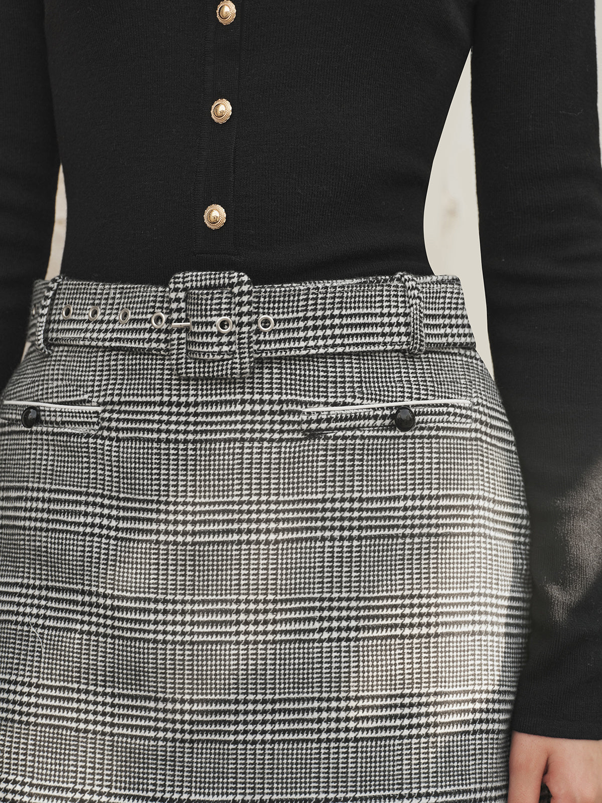 Con Cinturón Houndstooth Mezcla de Lana Skort
