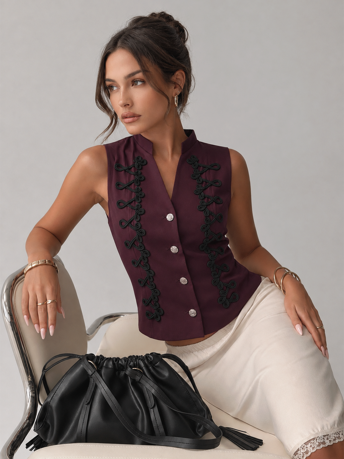 Cord-Braided ribete alto-cuello Waistcoat