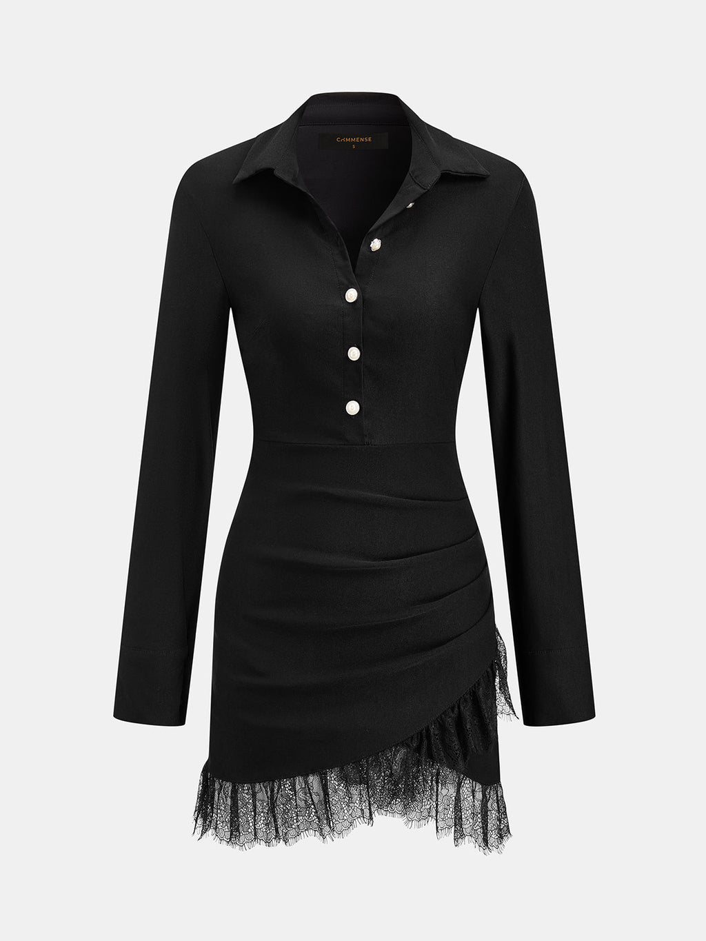 Con Cuello Camisa-Style Encaje-bajo Fruncido Minivestido