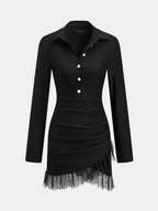 Con Cuello Camisa-Style Encaje-bajo Fruncido Minivestido