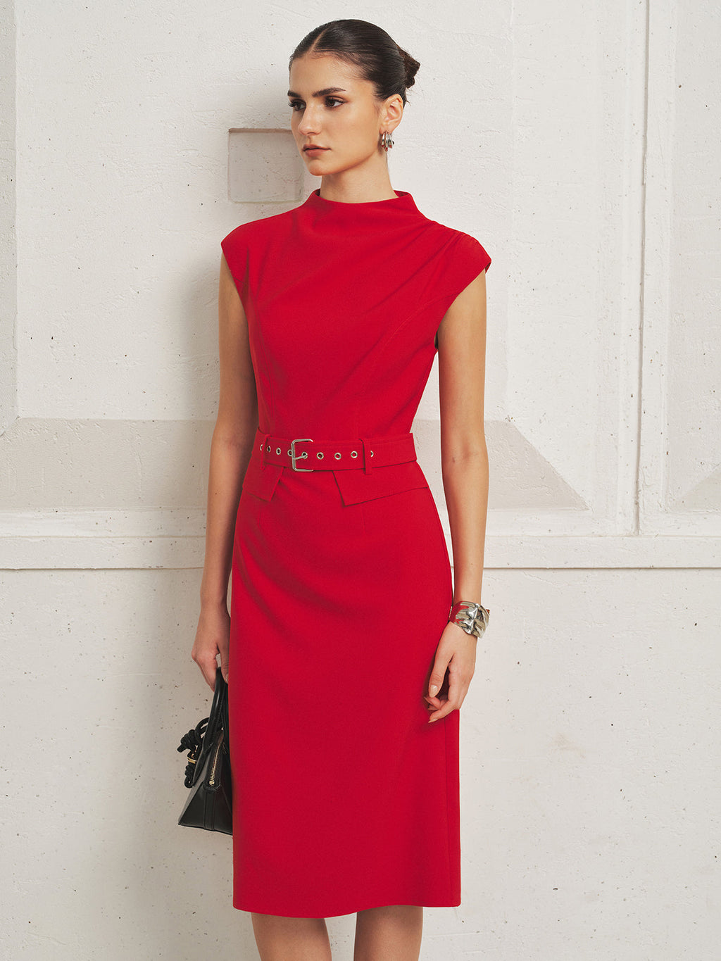 Drapeado Cuello Alto con Cinturón Cap manga Vestido midi