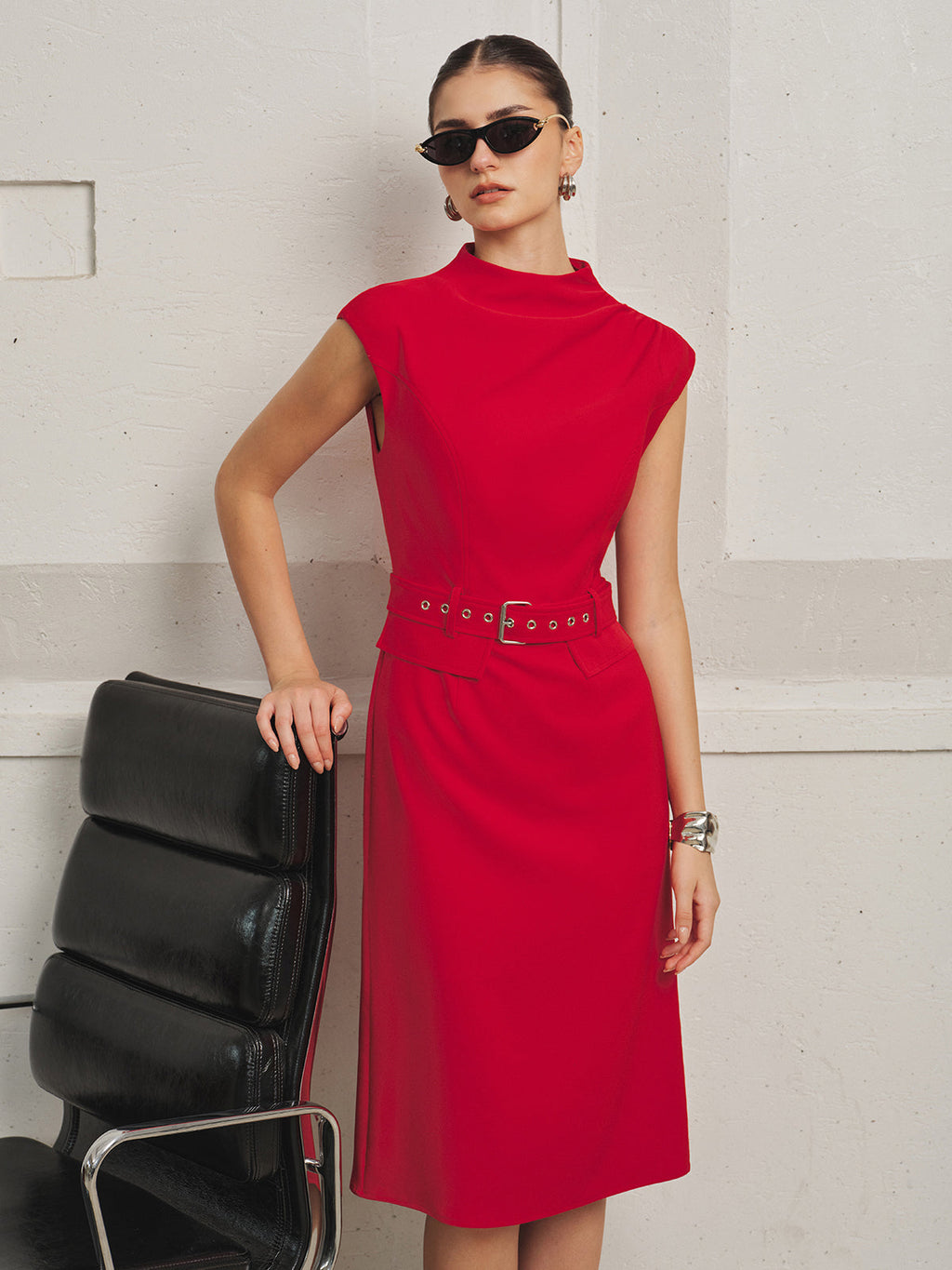 Drapeado Cuello Alto con Cinturón Cap manga Vestido midi