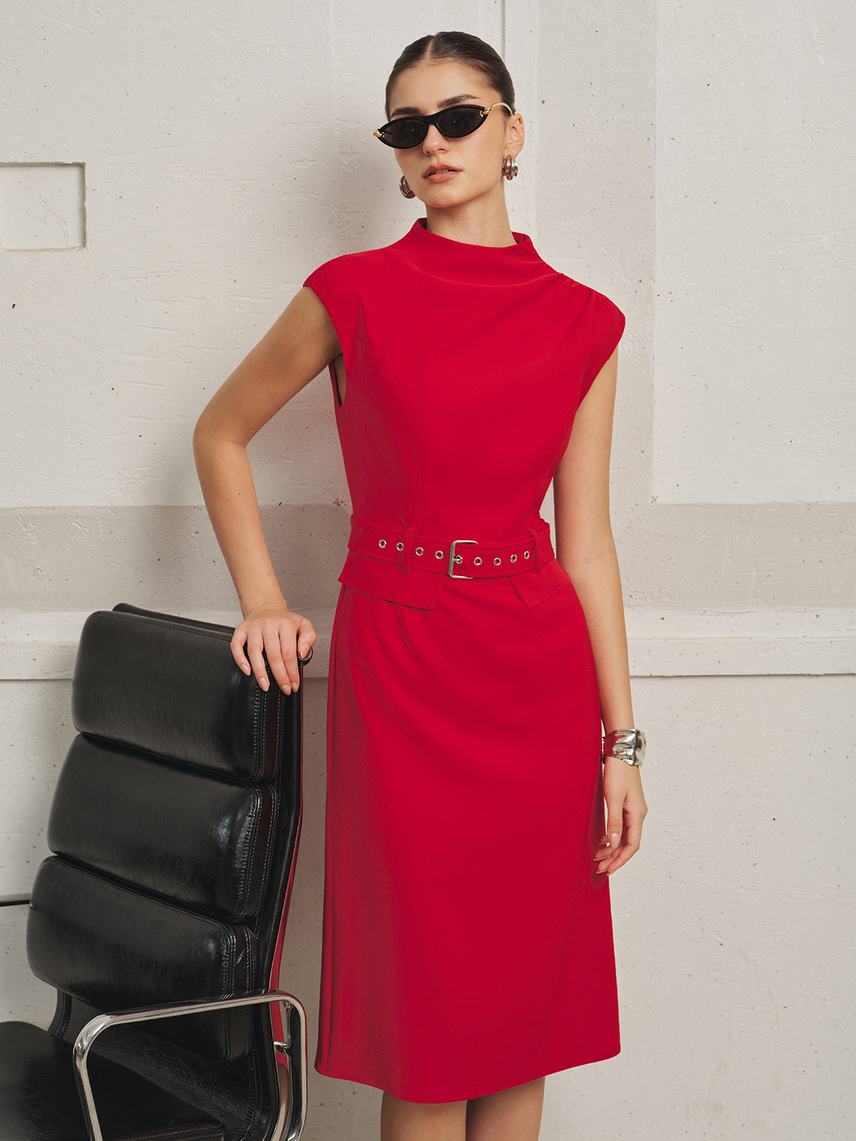 Drapeado Cuello Alto con Cinturón Cap manga Vestido midi