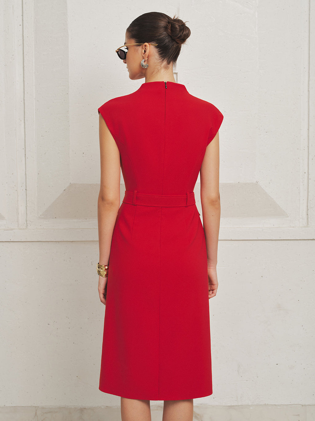 Drapeado Cuello Alto con Cinturón Cap manga Vestido midi