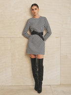 Wide Lazo Belt Houndstooth Minivestido