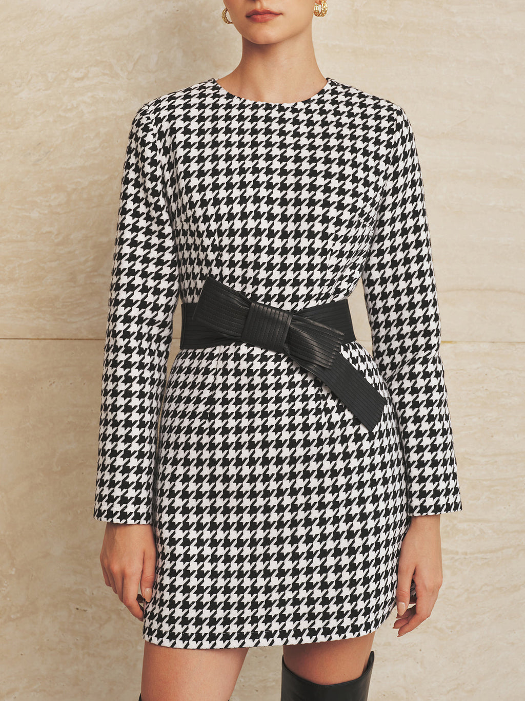 Wide Lazo Belt Houndstooth Minivestido