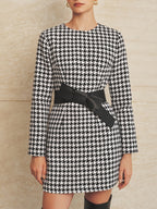 Wide Lazo Belt Houndstooth Minivestido