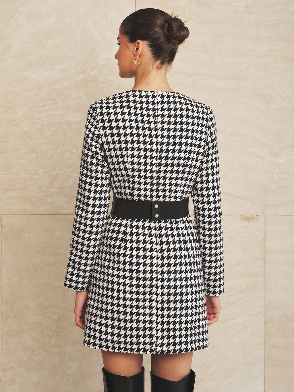 Wide Lazo Belt Houndstooth Minivestido