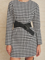 Wide Lazo Belt Houndstooth Minivestido