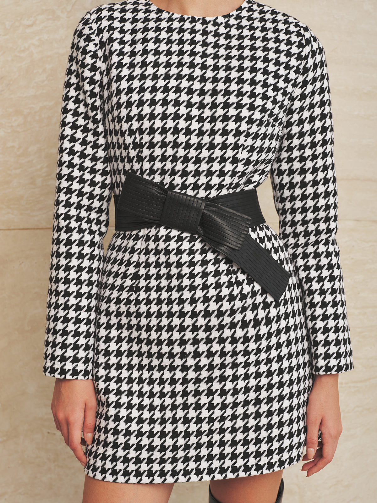Wide Lazo Belt Houndstooth Minivestido