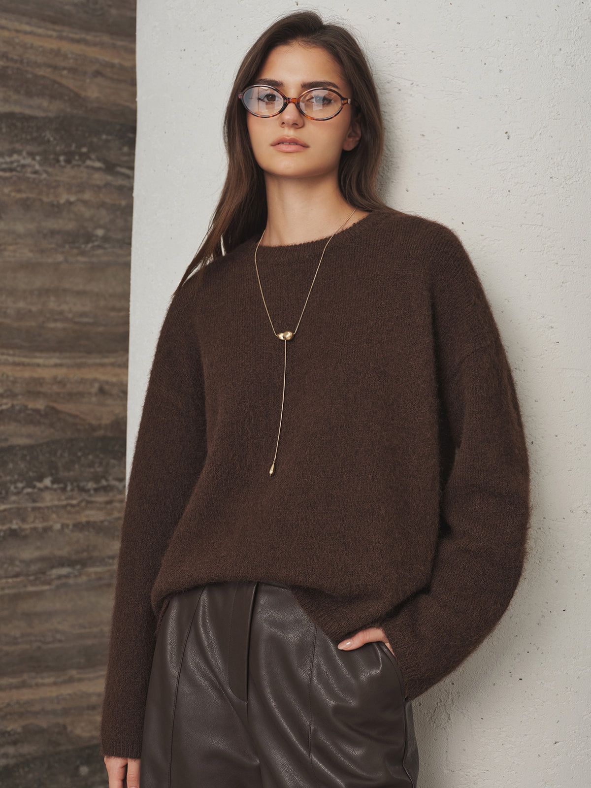 Drop Shoulder Fluido Mezcla de Lana Fuzzy jersey