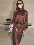 Croc-Embossed Faux-Leather frontal-Slit midi Falda without Belt