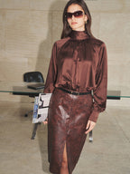 Croc-Embossed Faux-Leather frontal-Slit midi Falda without Belt