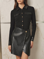 Faux-Leather Patchwork con Cuello Minivestido