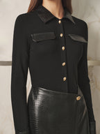 Faux-Leather Patchwork con Cuello Minivestido