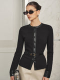 Faux-Leather ribete Ribbed Punto Top