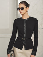 Faux-Leather ribete Ribbed Punto Top