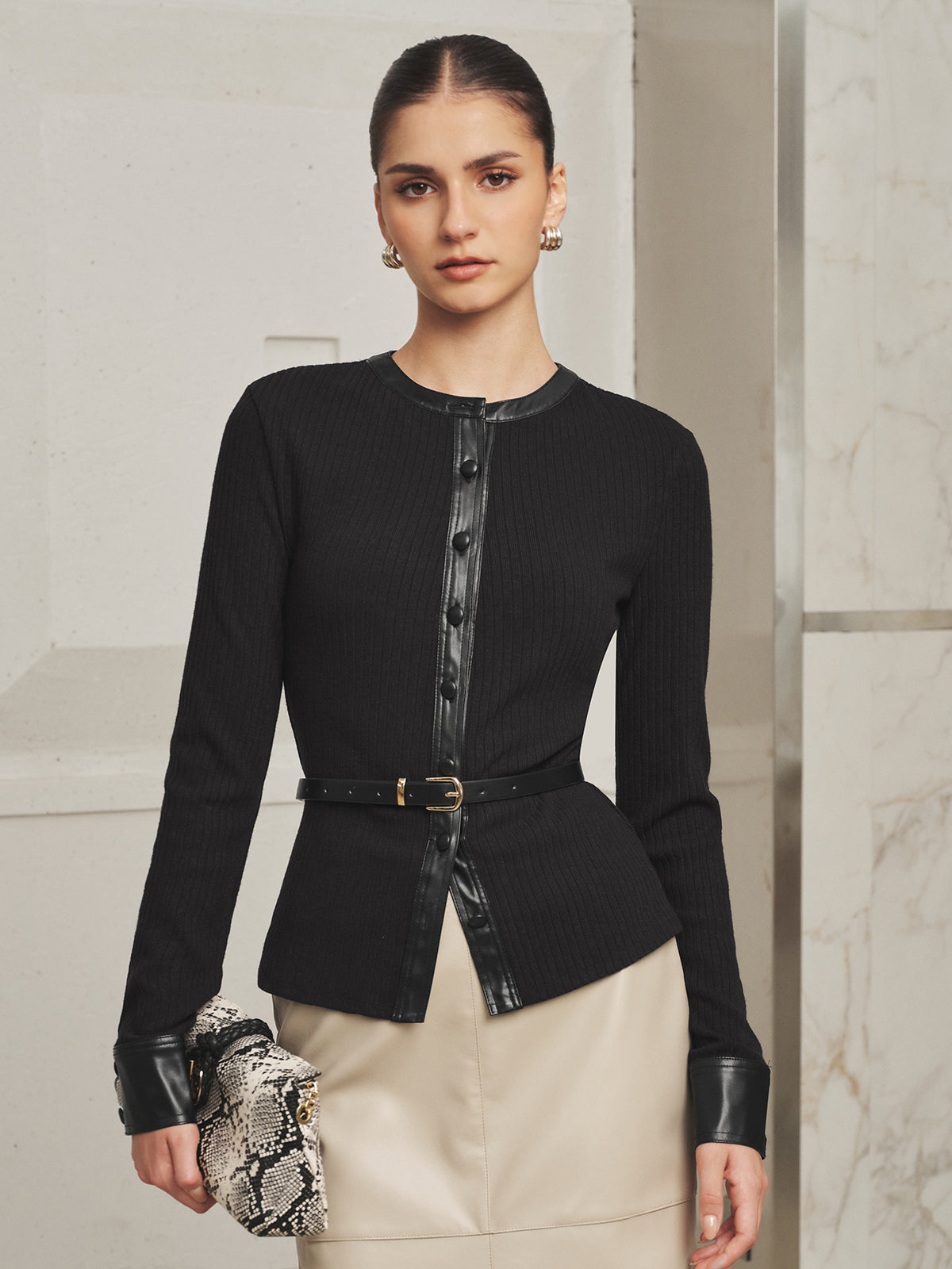 Faux-Leather ribete Ribbed Punto Top