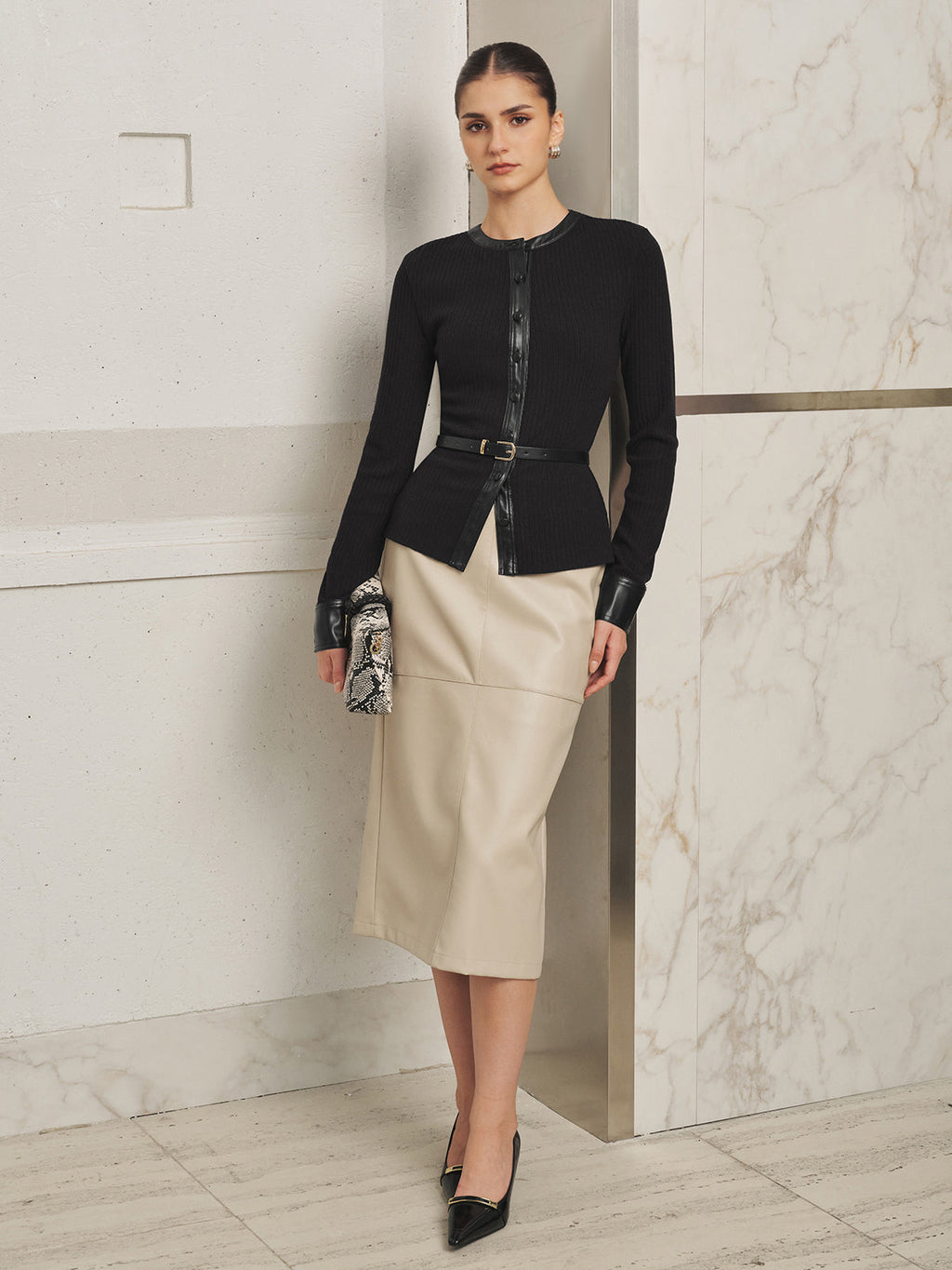 Faux-Leather ribete Ribbed Punto Top