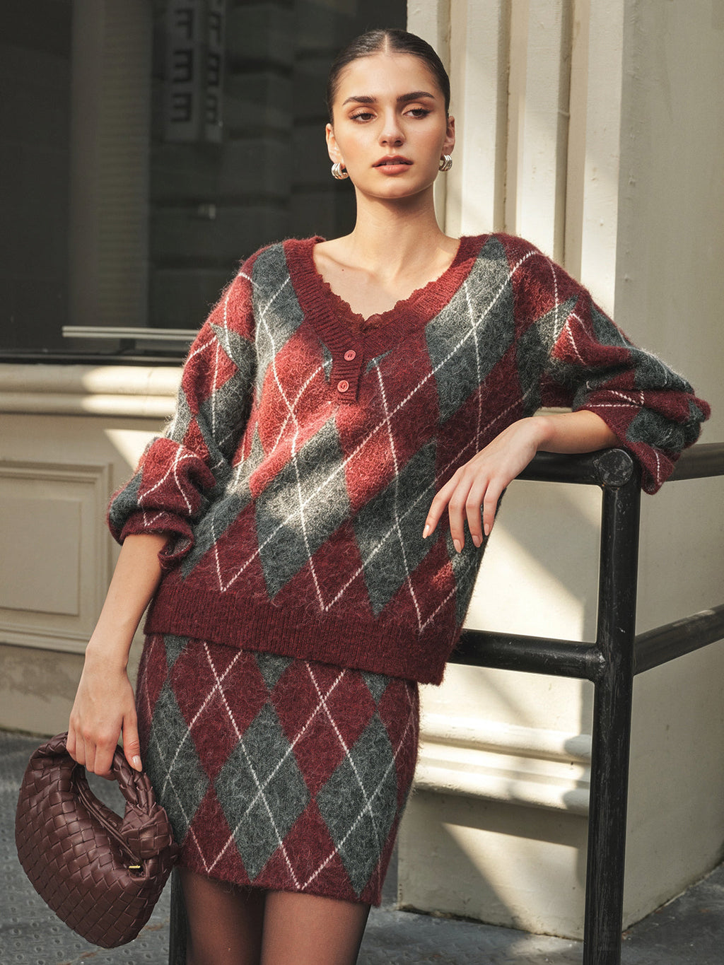 Mezcla de Lana Argyle Punto Dos Piezas Falda Set