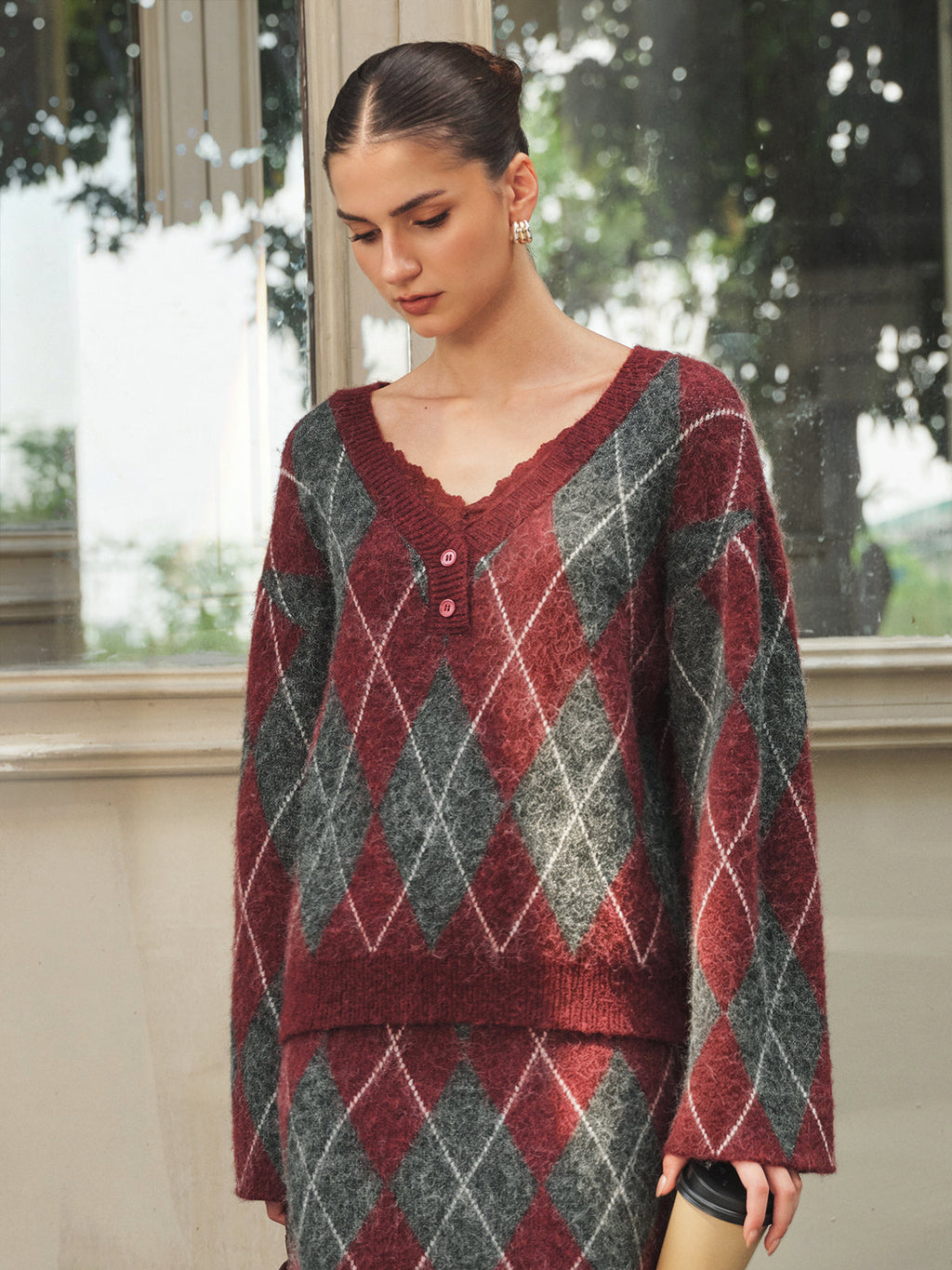 Mezcla de Lana Argyle Punto Dos Piezas Falda Set