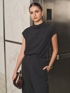 Folded cuello Pinstripe Top Cruzado Pantalón Set