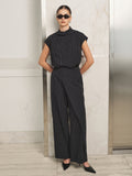Folded cuello Pinstripe Top Cruzado Pantalón Set