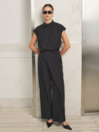 Folded cuello Pinstripe Top Cruzado Pantalón Set