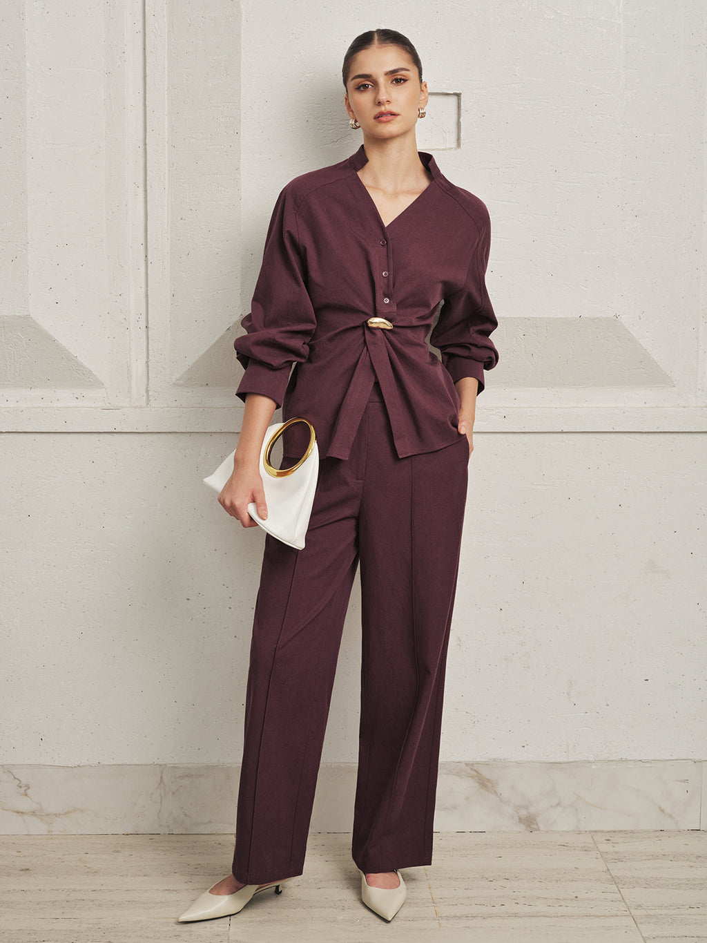 Twisted cintura Blusa Pierna Ancha Pantalón Set