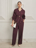 Twisted cintura Blusa Pierna Ancha Pantalón Set