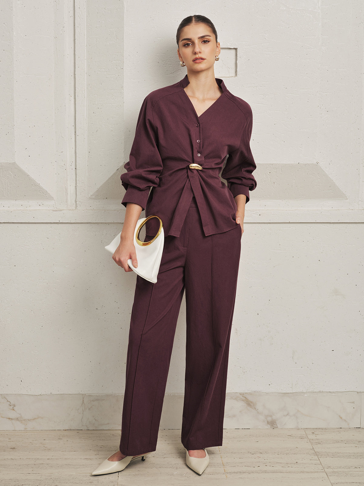 Twisted cintura Blusa Pierna Ancha Pantalón Set