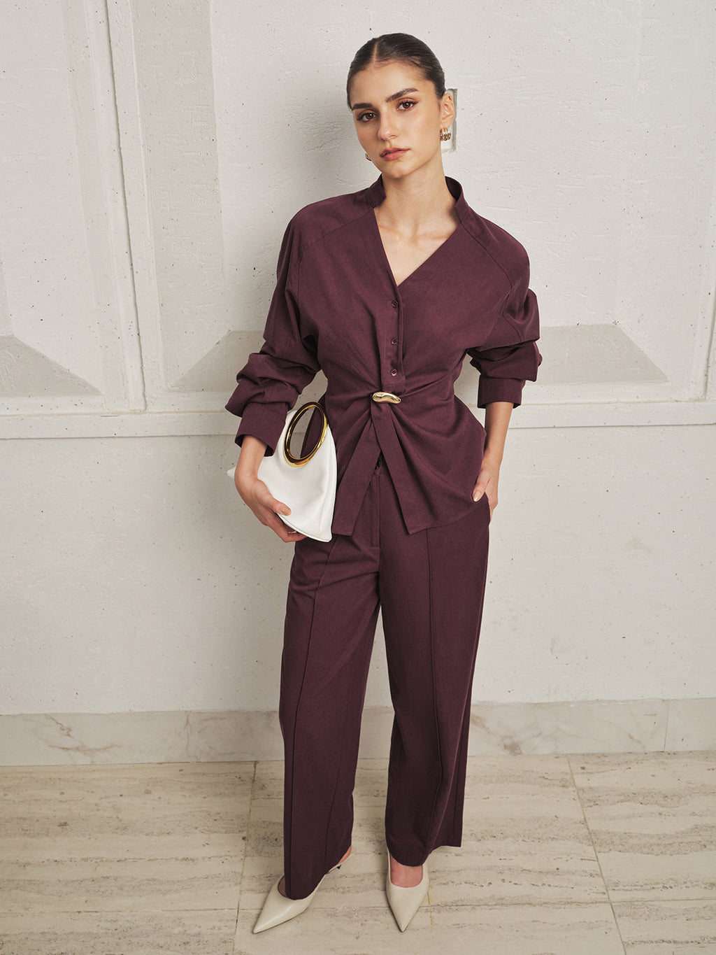 Twisted cintura Blusa Pierna Ancha Pantalón Set