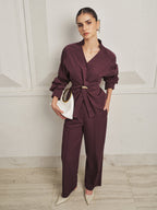 Twisted cintura Blusa Pierna Ancha Pantalón Set