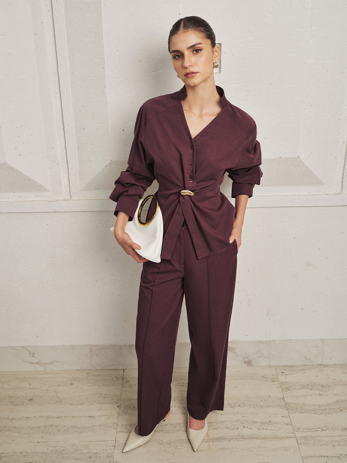 Twisted cintura Blusa Pierna Ancha Pantalón Set