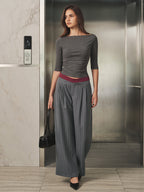 Contraste Waistband Pinstripe Pierna Ancha Pantalón