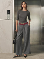 Contraste Waistband Pinstripe Pierna Ancha Pantalón