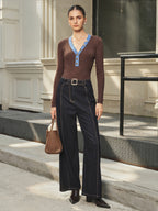Contraste-Stitch Hebilla Detalle Pierna Ancha Jeans