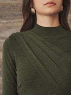 Drapeado Sash Detalle Cuello Alto Slim Punto Top