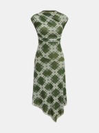 Cuadros malla Drapeado cuello Asimétrico Vestido midi