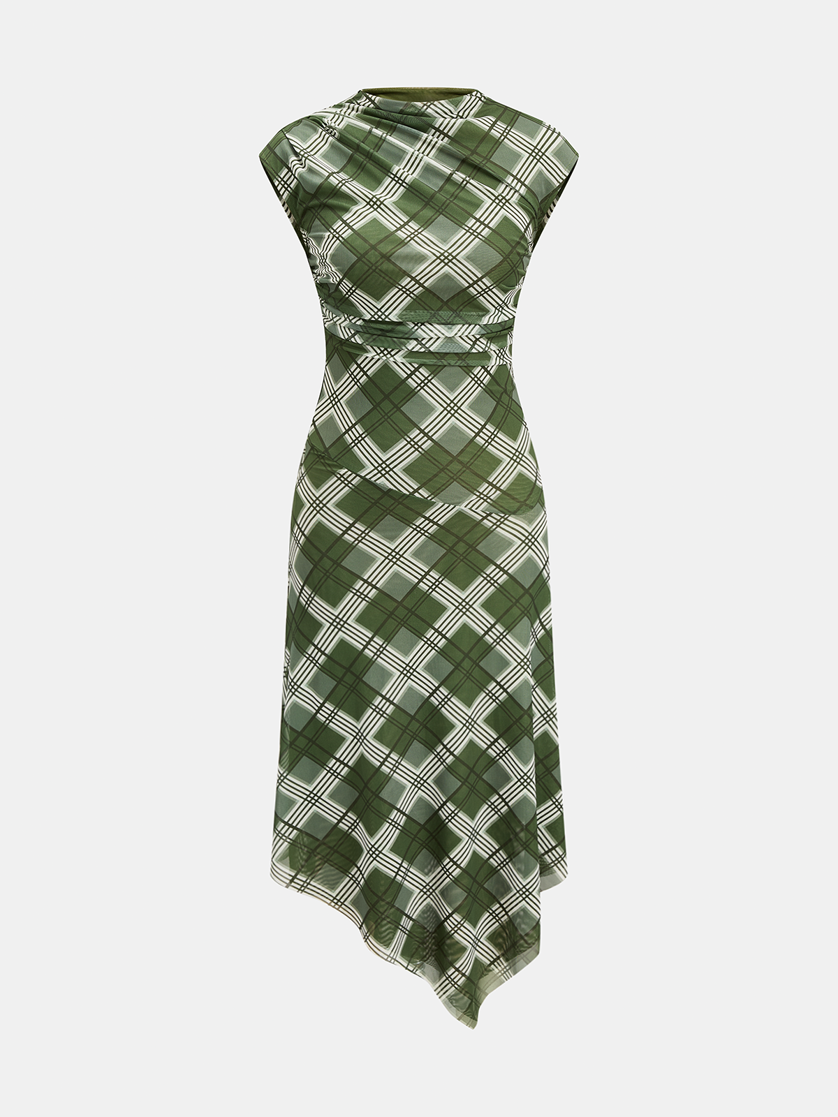 Cuadros malla Drapeado cuello Asimétrico Vestido midi