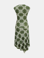 Cuadros malla Drapeado cuello Asimétrico Vestido midi